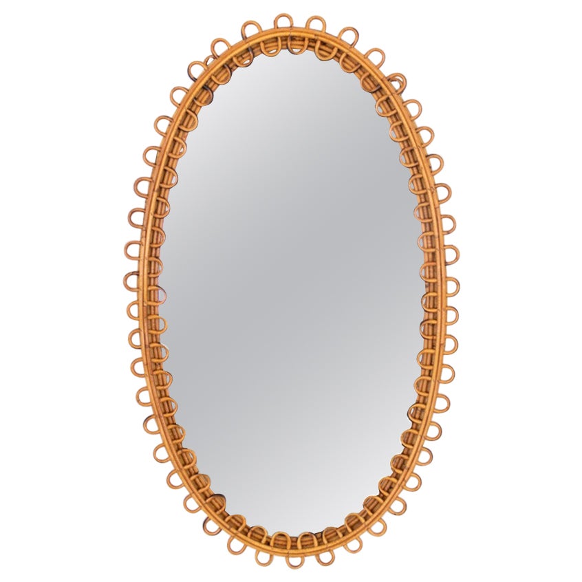 Large Italian Oval Rattan Mirror For Sale