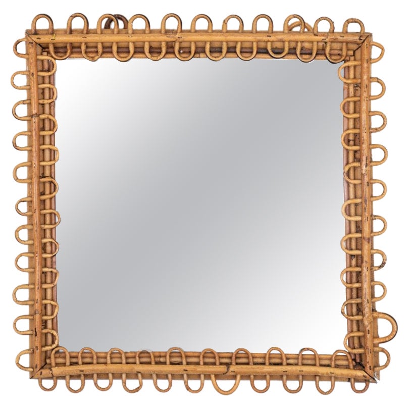 Italian Square Rattan Mirror For Sale