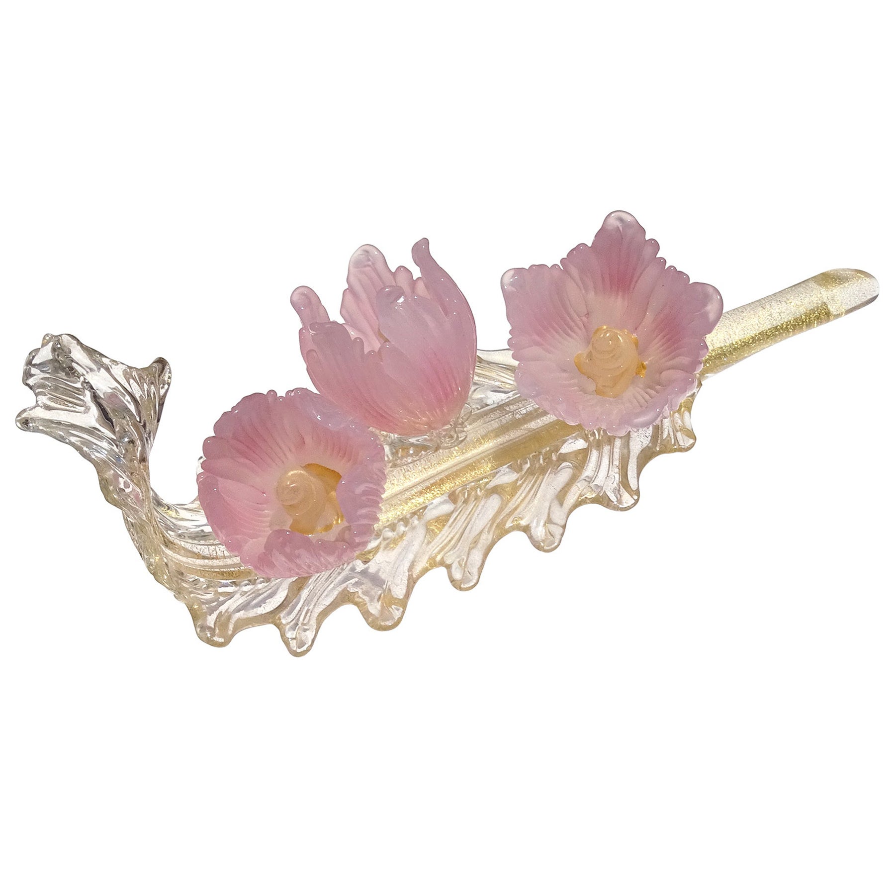 Murano Pink Opal Flowers Gold Flecks Italian Art Glass Centerpiece Sculpture For Sale