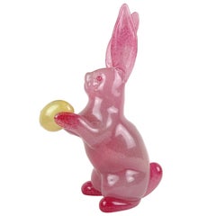 Murano Large Pink Bubbles Bunny Rabbit Gold Leaf Egg Italian Art Glass Sculpture