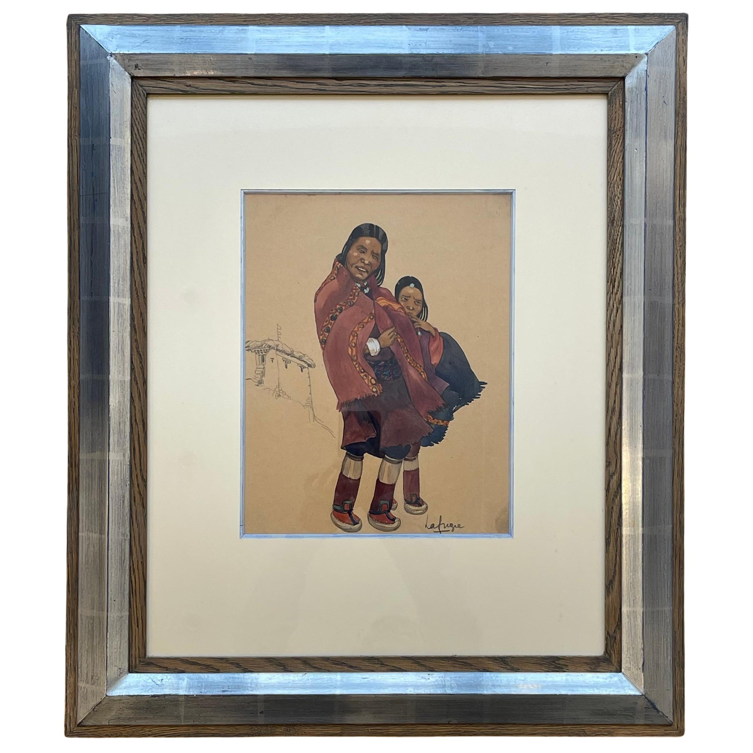 Léa LAFUGIE (1890-1972),  gouache of a Tibetan woman and child For Sale