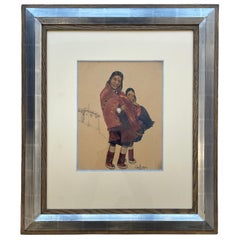 Léa LAFUGIE (1890-1972),  gouache di una donna e un bambino tibetani