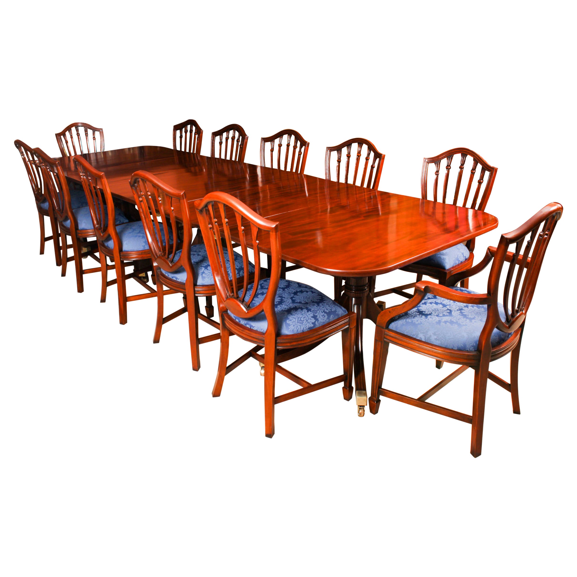 Antique 12ft Regency Triple Pillar Dining Table & 12 Chairs 19th Century For Sale
