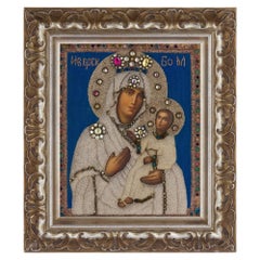 Antique Russian Beaded Icon After the Iverskaya