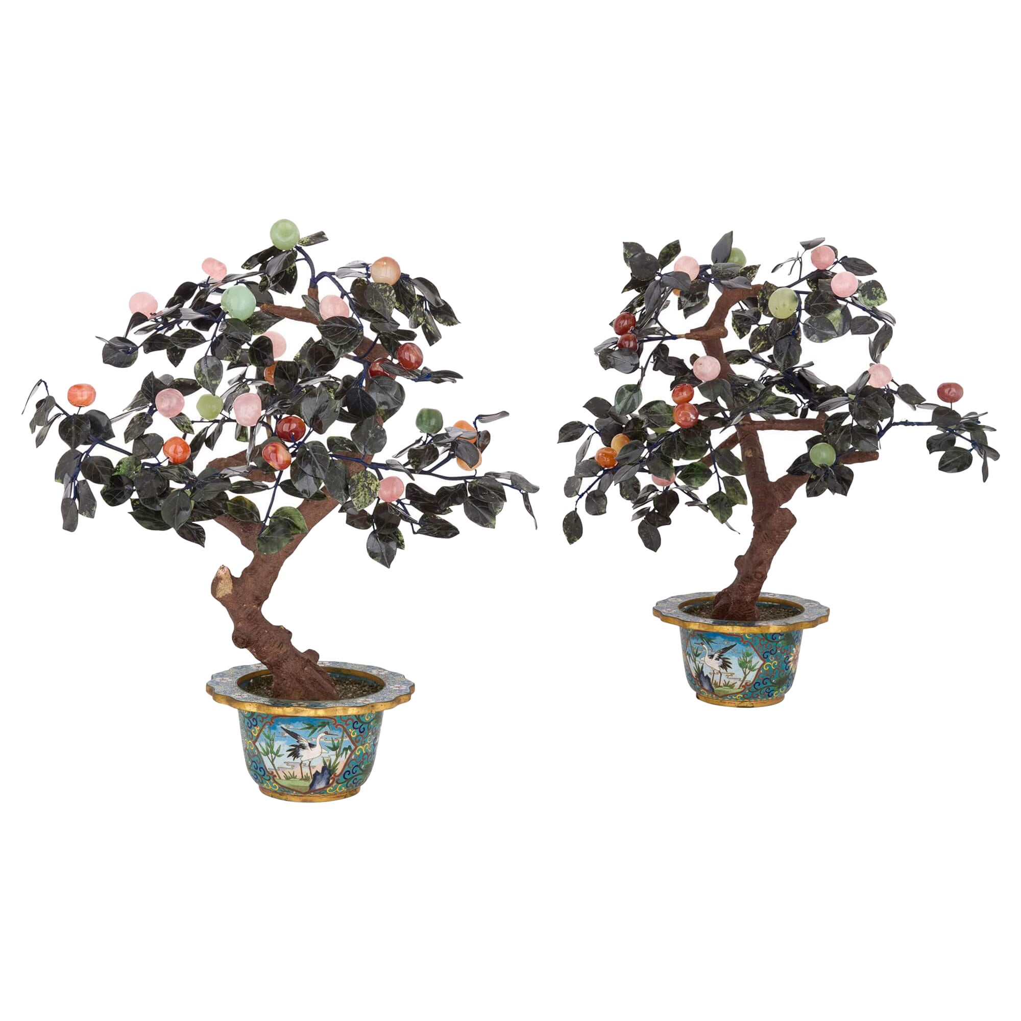 Pair of Chinese Hardstone and Cloisonné Enamel Flower Models For Sale