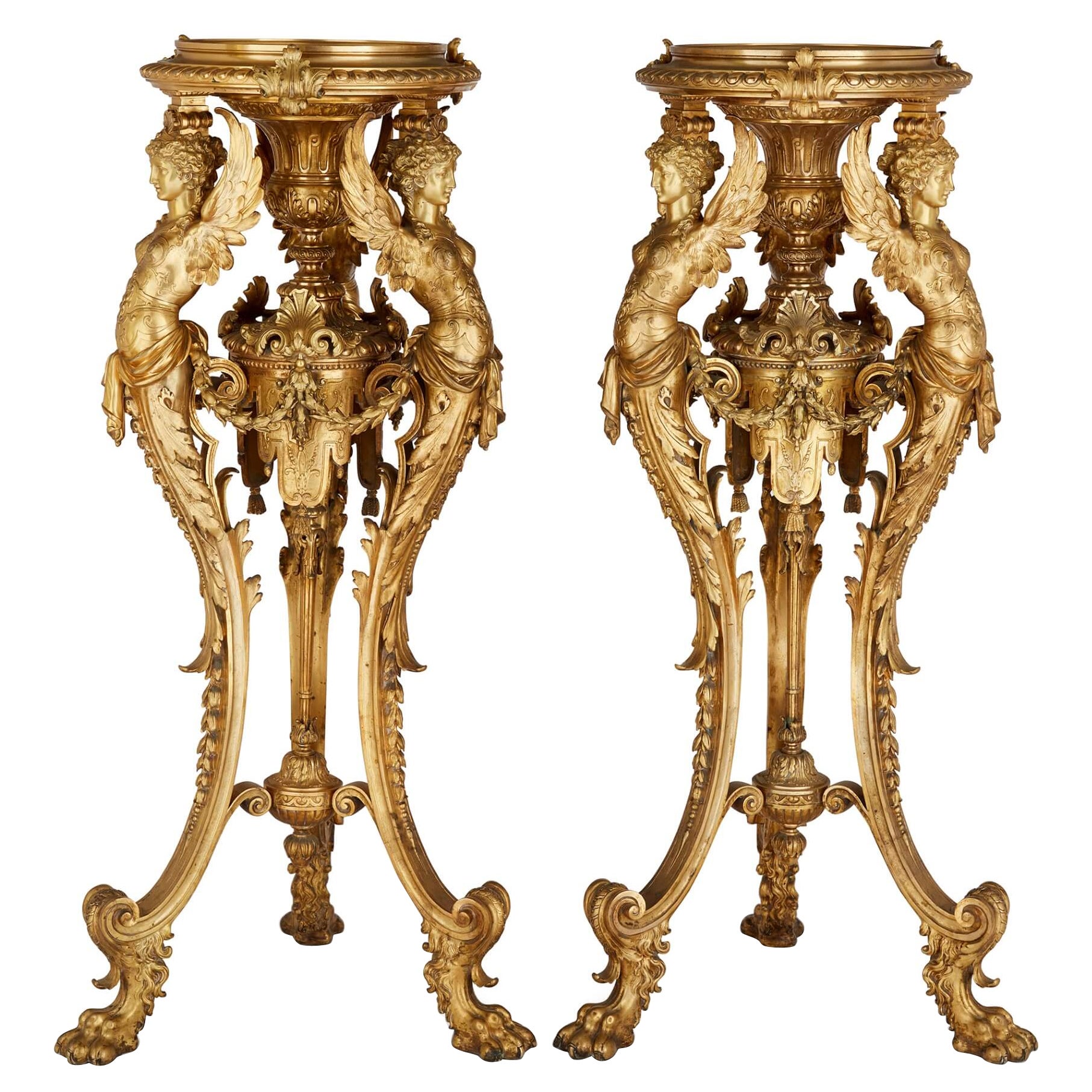 Antique Pair of Ormolu Pedestals with Neo-Grec Sphinx Supports For Sale