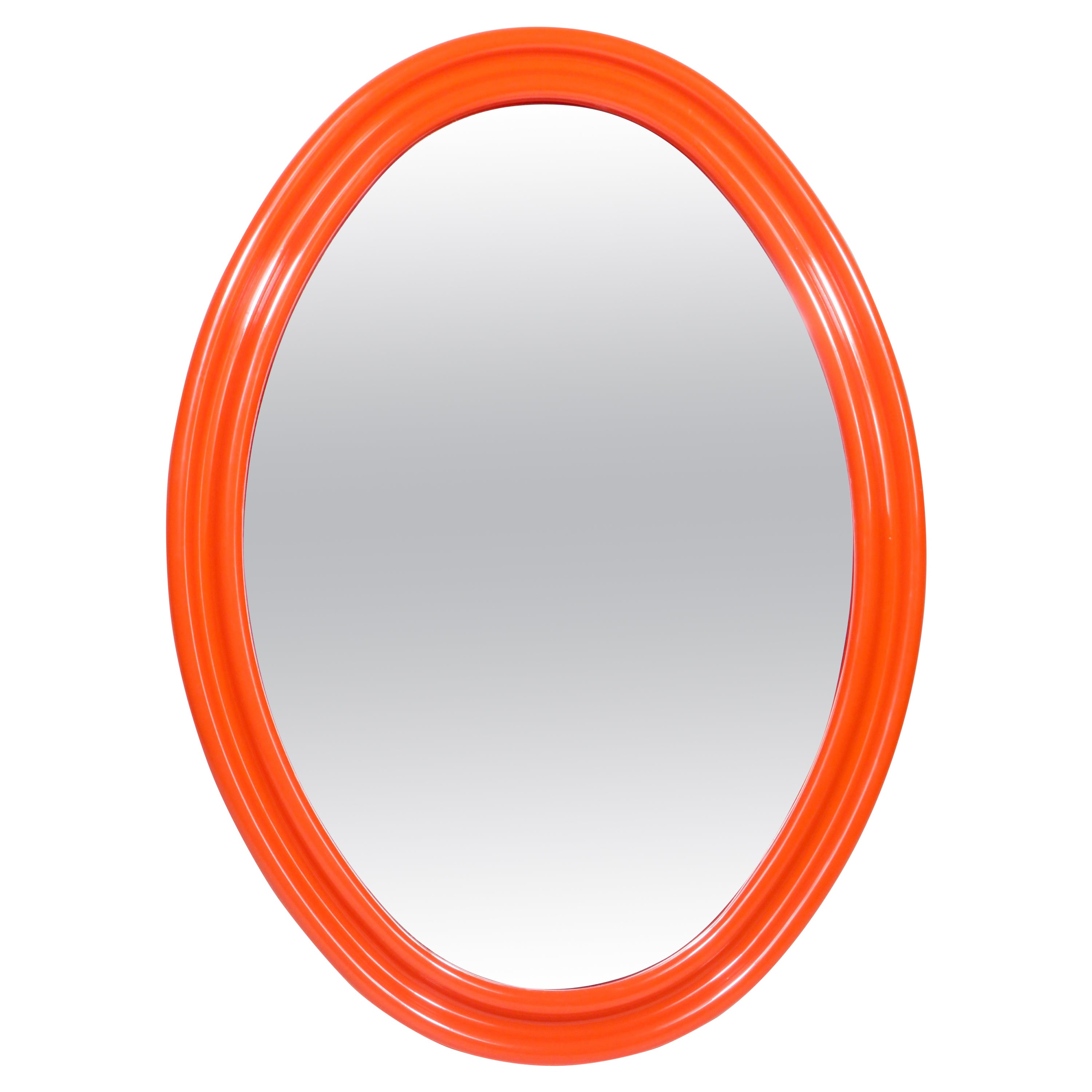 Space Age large orange oval mirror 1960s in the style of Guzzini, V.Panton For Sale