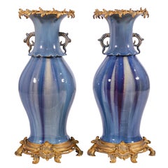 Antique Pair of Chinese Blue Flambé Glazed Ceramic Vases with French Ormolu Mounts