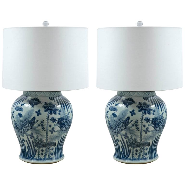 Pair of Mid-Century Blue and White Ginger Jar Lamps at 1stDibs