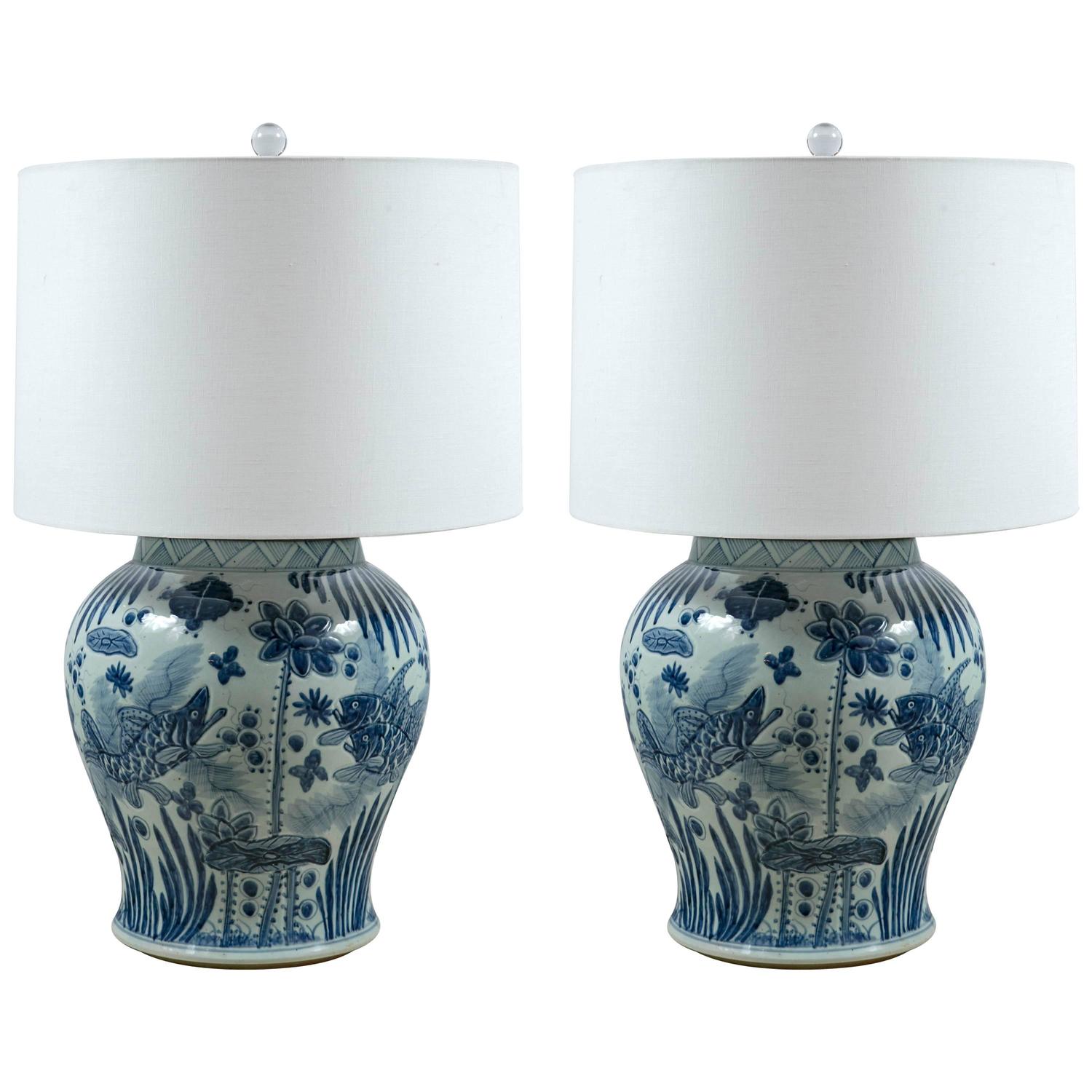 Pair of MidCentury Blue and White Ginger Jar Lamps For Sale at 1stdibs