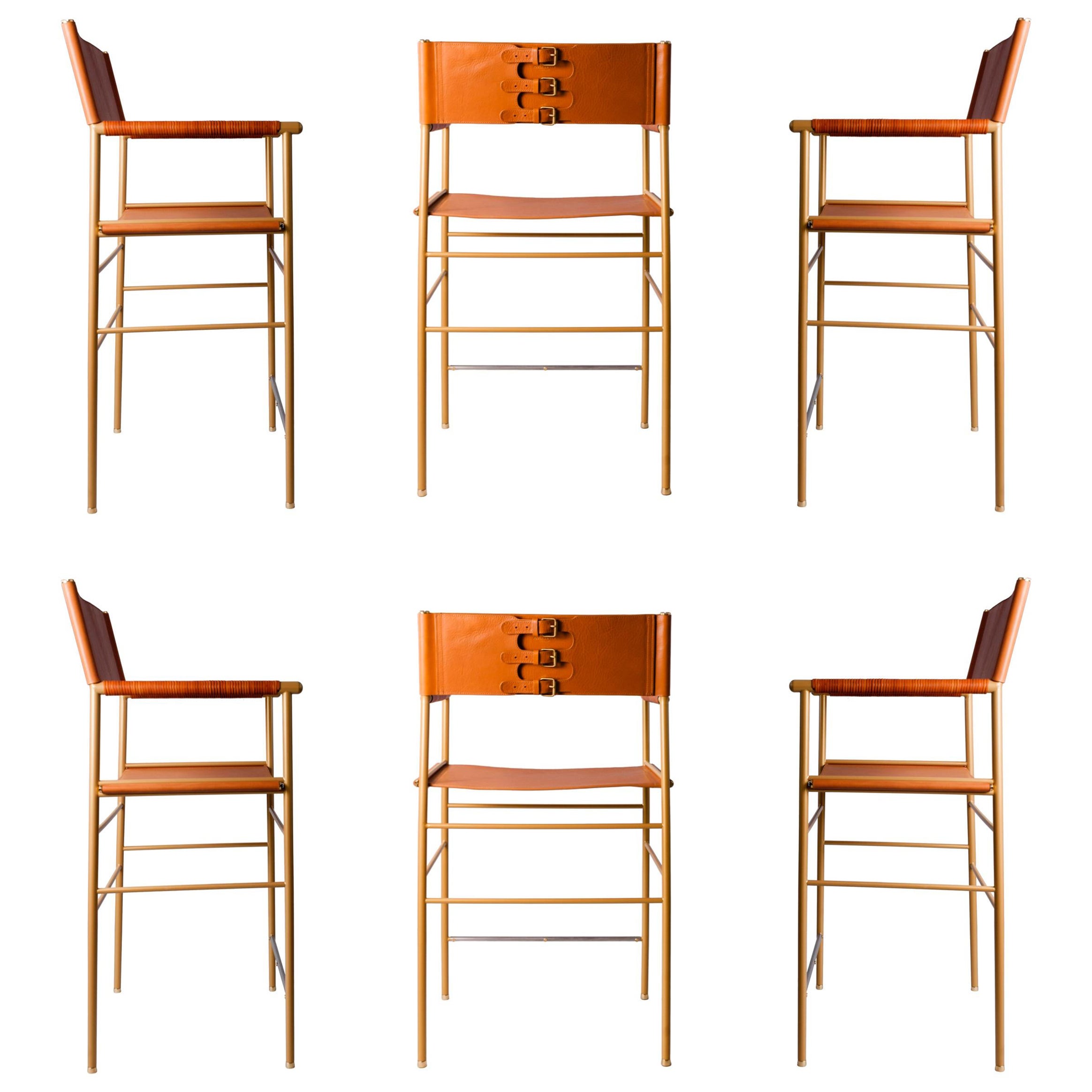 Set di 6 sgabelli da bancone con. Schienale - Pelle Tan e ottone invecchiato verniciato a polvere