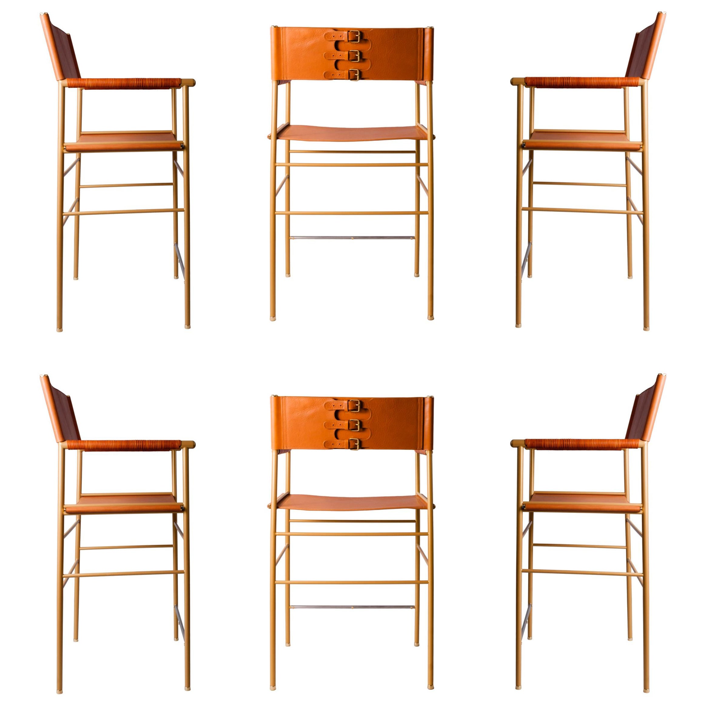 Set of 6 Counter Bar Stools w. Backrest - Tan Leather & Aged Brass Powder Coated For Sale