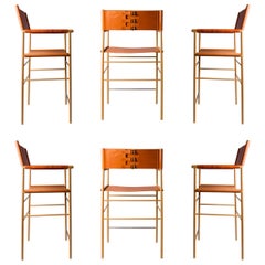Set of 6 Counter Bar Stools w. Backrest - Tan Leather & Aged Brass Powder Coated