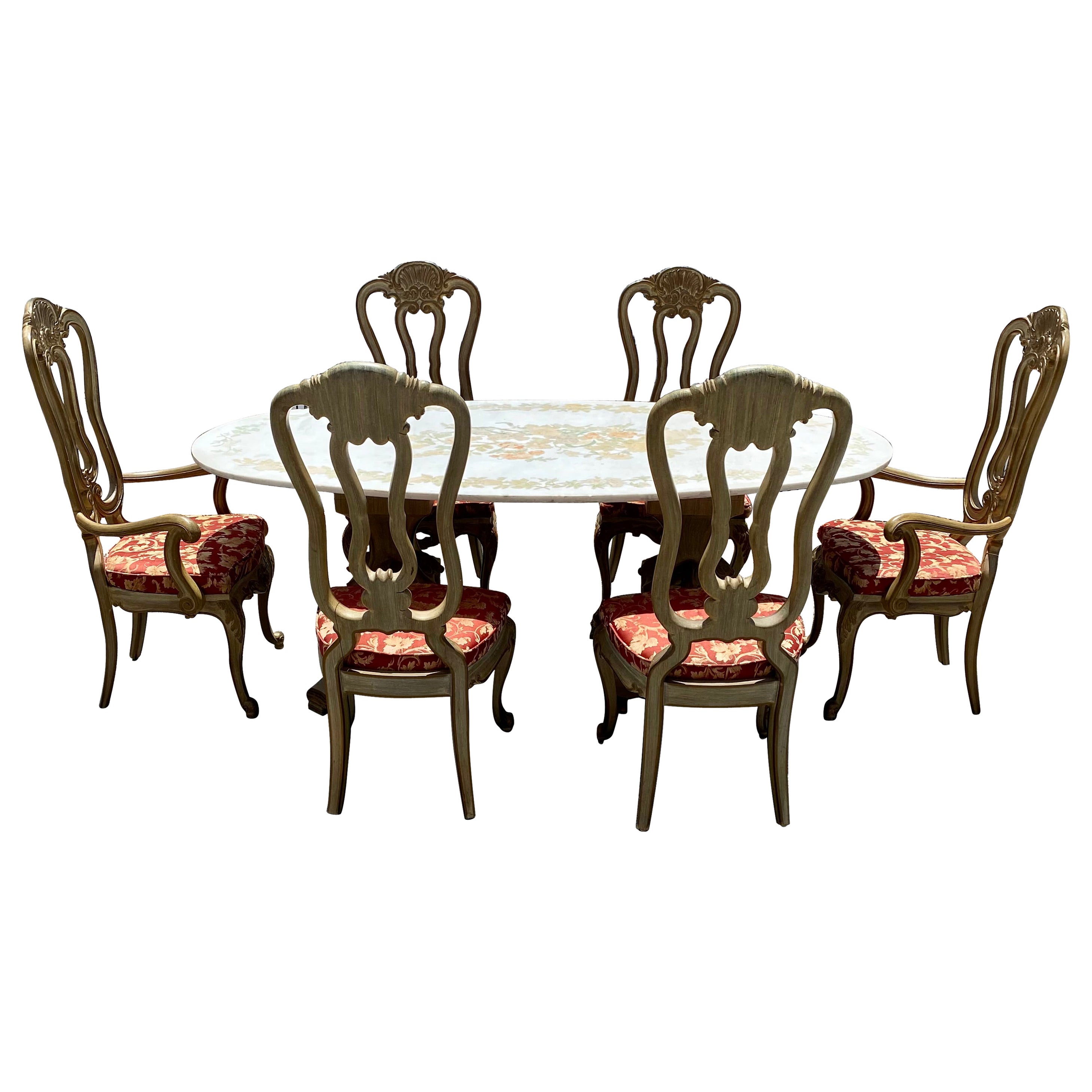 Marble Floral Inlaid Painted Oval Wood French Dining Table and Chairs, Set of 7 For Sale