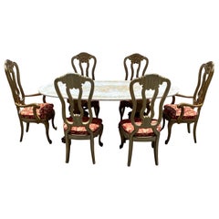 Used Marble Floral Inlaid Painted Oval Wood French Dining Table and Chairs, Set of 7