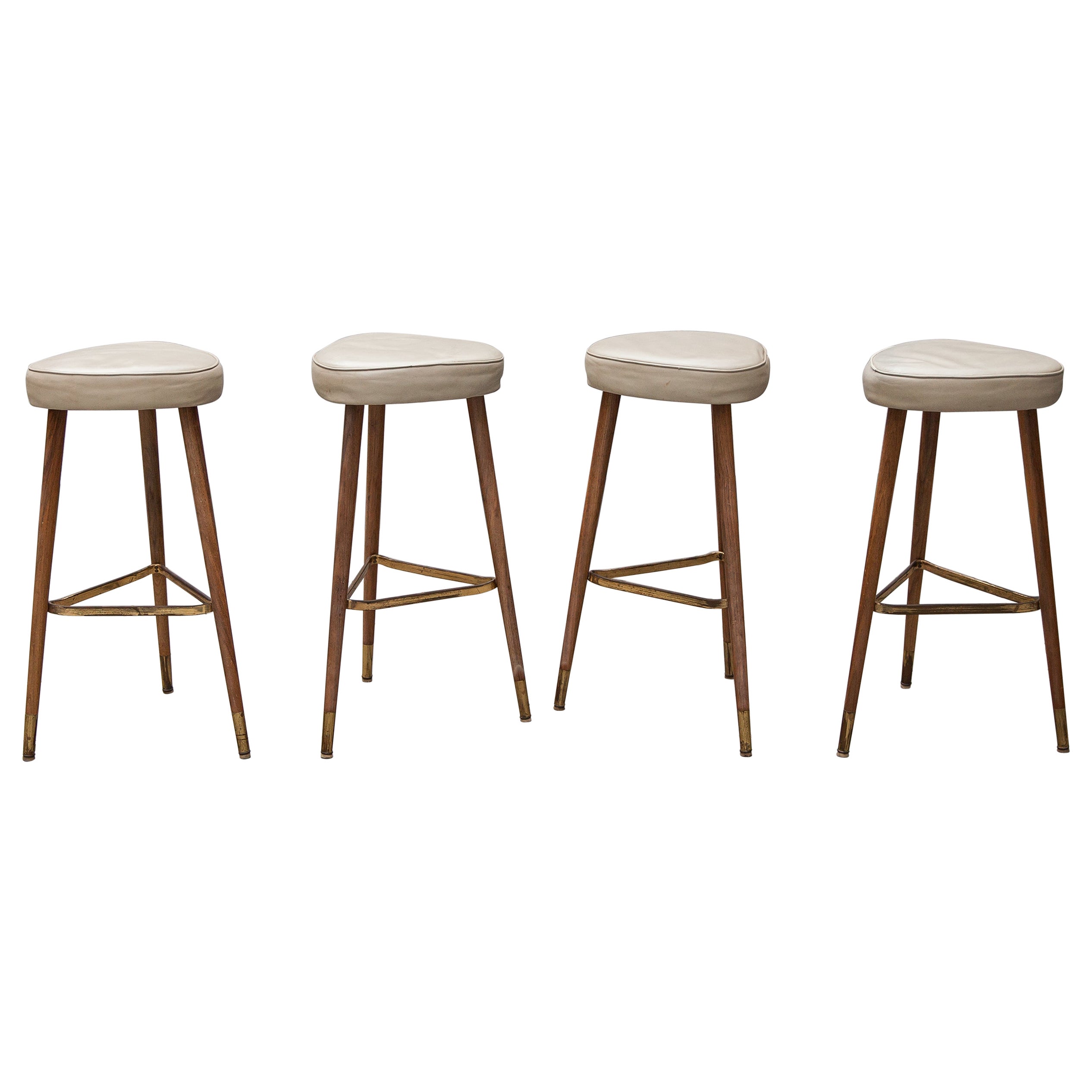 Brass Tripod Bar Stools France 1950s Set of 4 For Sale