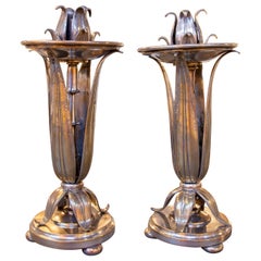 1970s Pair of Bronze Candlesticks with Lotus Flower and Leaves 
