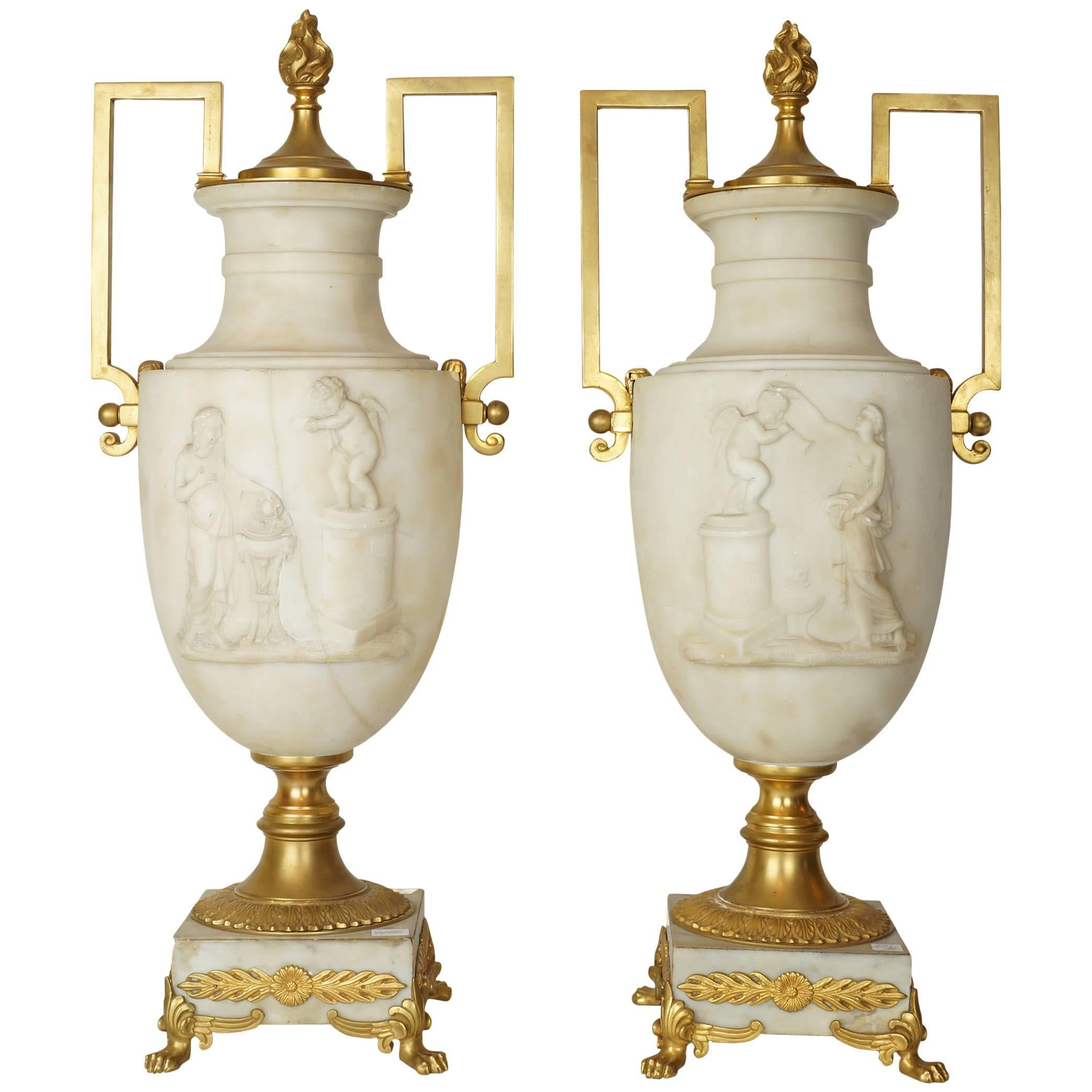 Pair of 19 century Italian Alabaster  and Bronze Neoclassical Urns/ Lamps