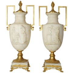 Pair of 19 century Italian Alabaster  and Bronze Neoclassical Urns/ Lamps