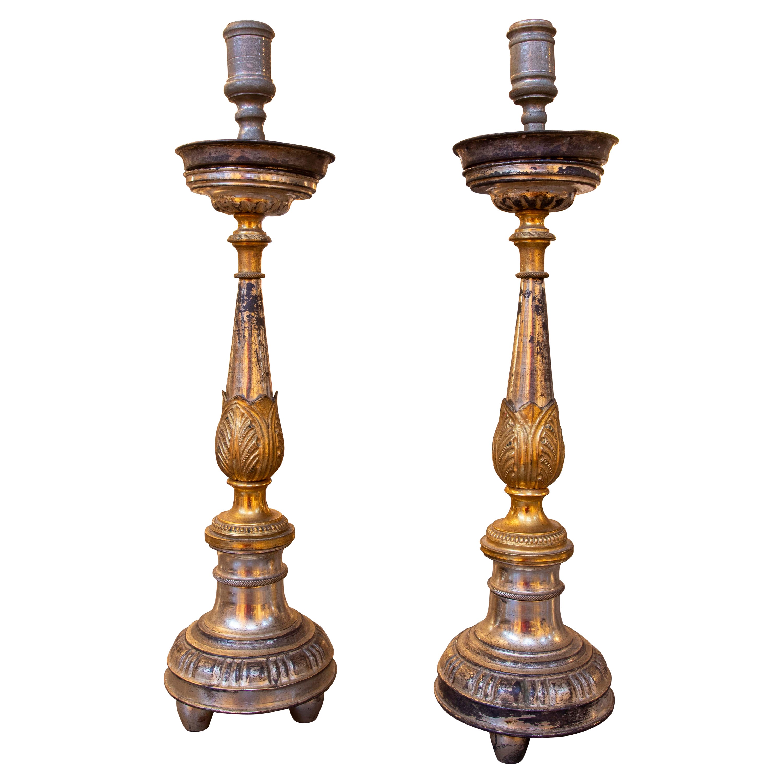 Pair of Table Candlesticks in Gold and Silver Metal, Wood and Brass For Sale