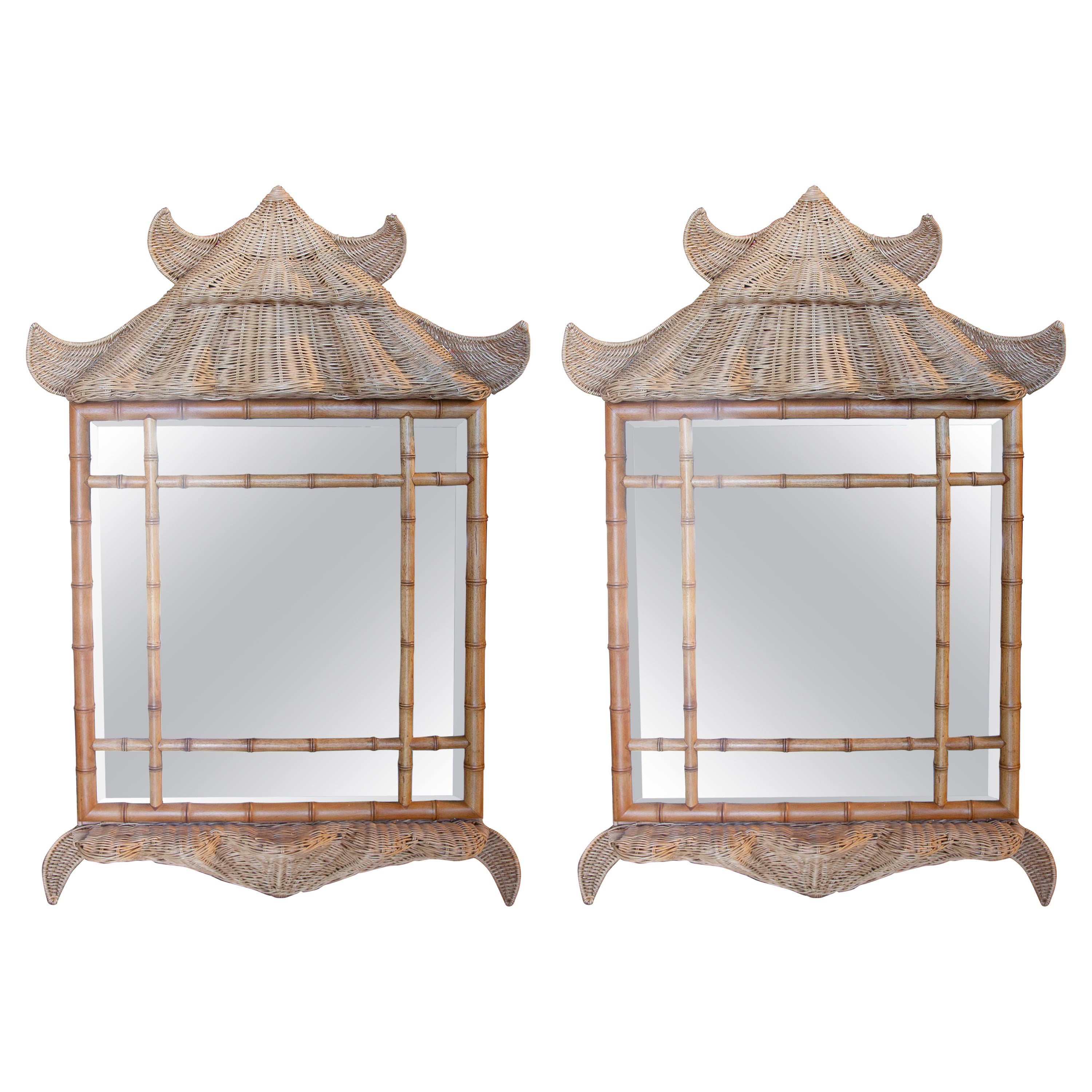 Pair of Wicker and Bamboo Imitation Wood Mirrors in Chinoiserie Style 