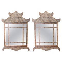 Pair of Wicker and Bamboo Imitation Wood Mirrors in Chinoiserie Style
