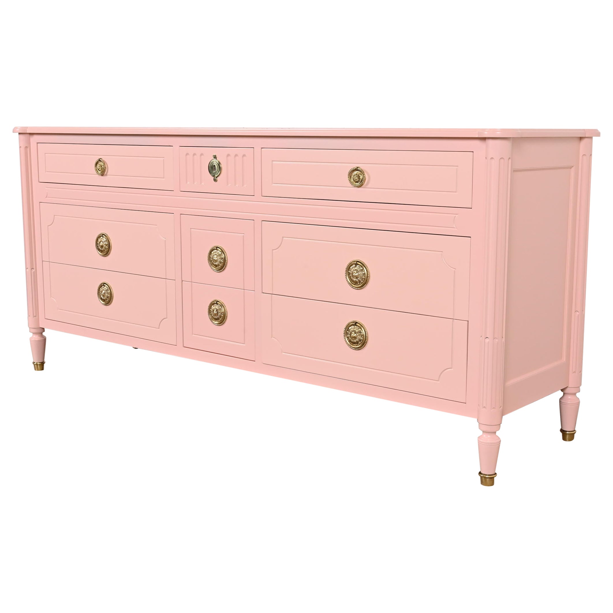 Baker Furniture French Regency Louis XVI Pink Lacquered Dresser, Refinished