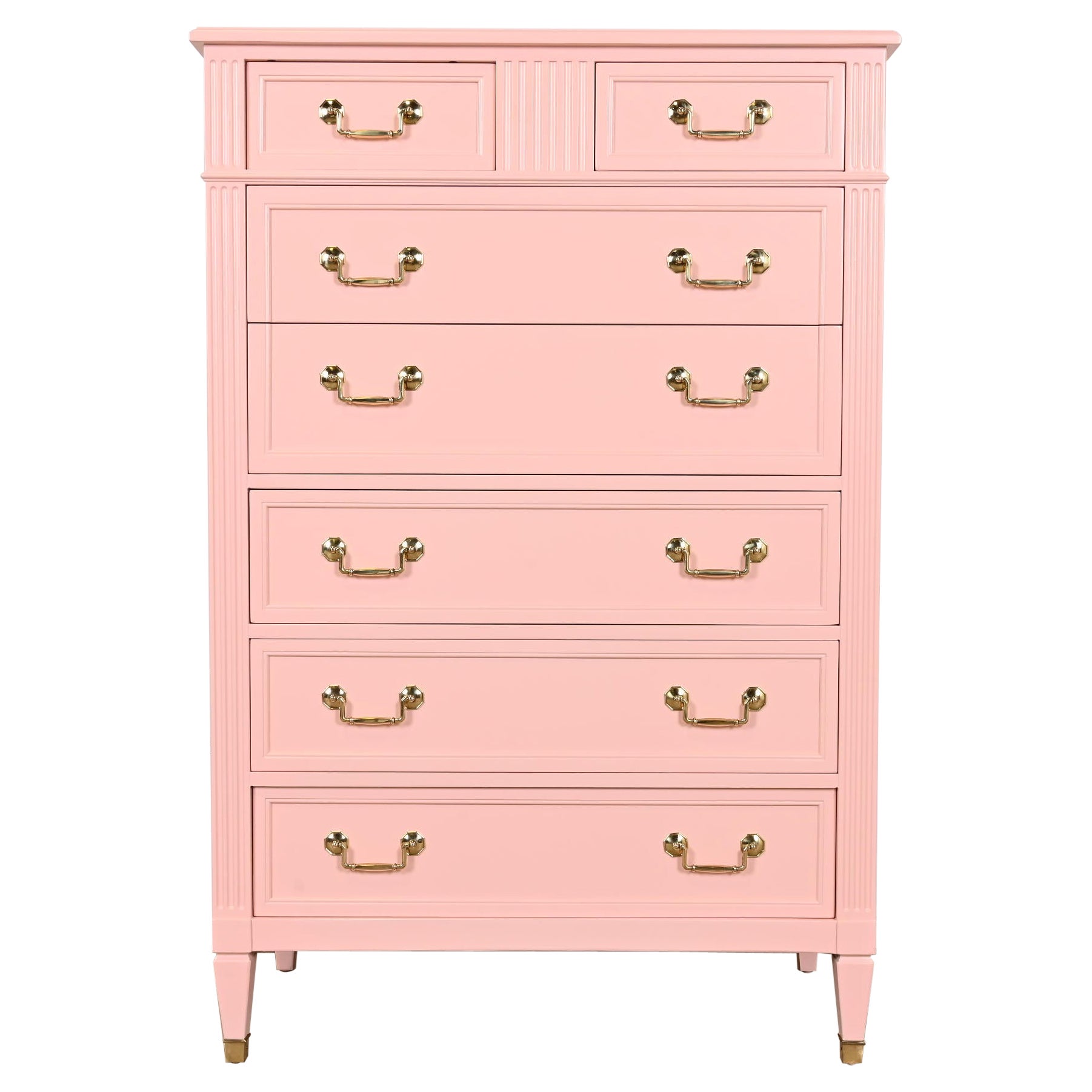 Kindel French Regency Louis XVI Pink Lacquered Highboy Dresser, Newly Refinished For Sale