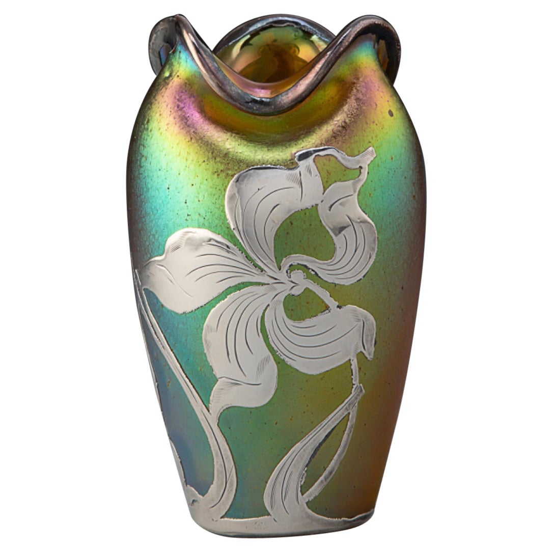 Loetz Candia Silberiris Glass Vase with Silver Overlay For Sale