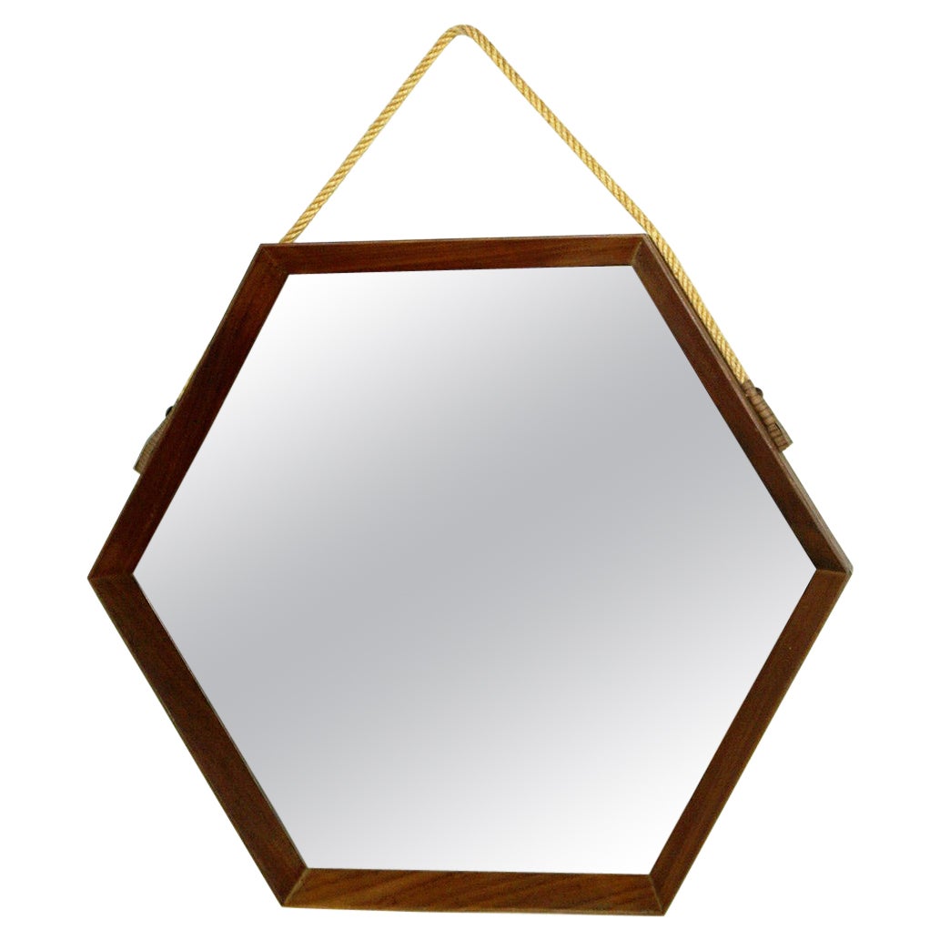 Italian Midcentury Hexagon Teak and Rope Wall Mirror For Sale