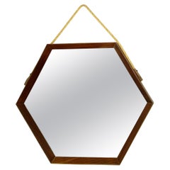 Vintage Italian Midcentury Hexagon Teak and Rope Wall Mirror