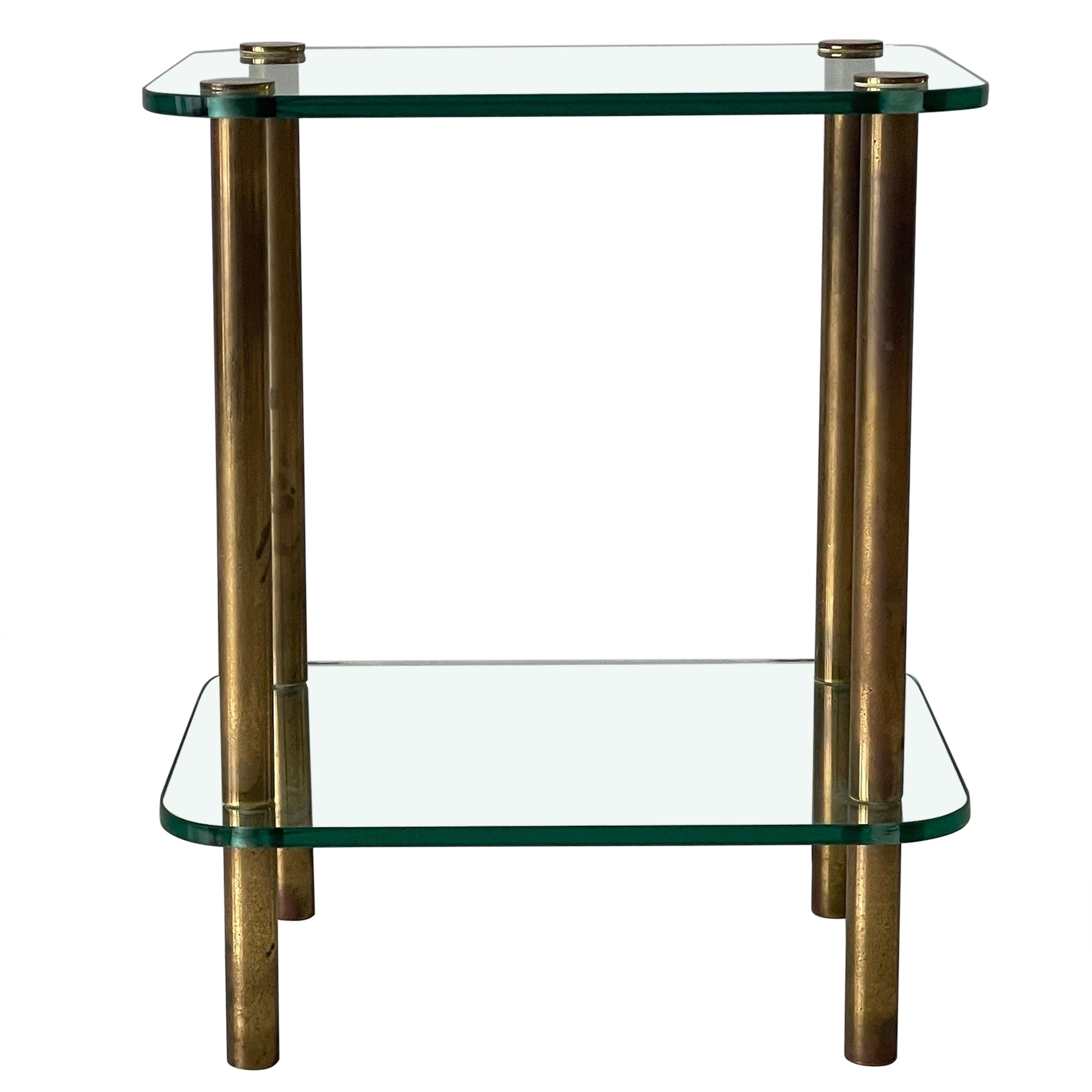 Mid-century Modern Greenish Thick Glass and Brass Side Table, 1960s, Italy For Sale