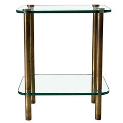 Vintage Mid-century Modern Greenish Thick Glass and Brass Side Table, 1960s, Italy