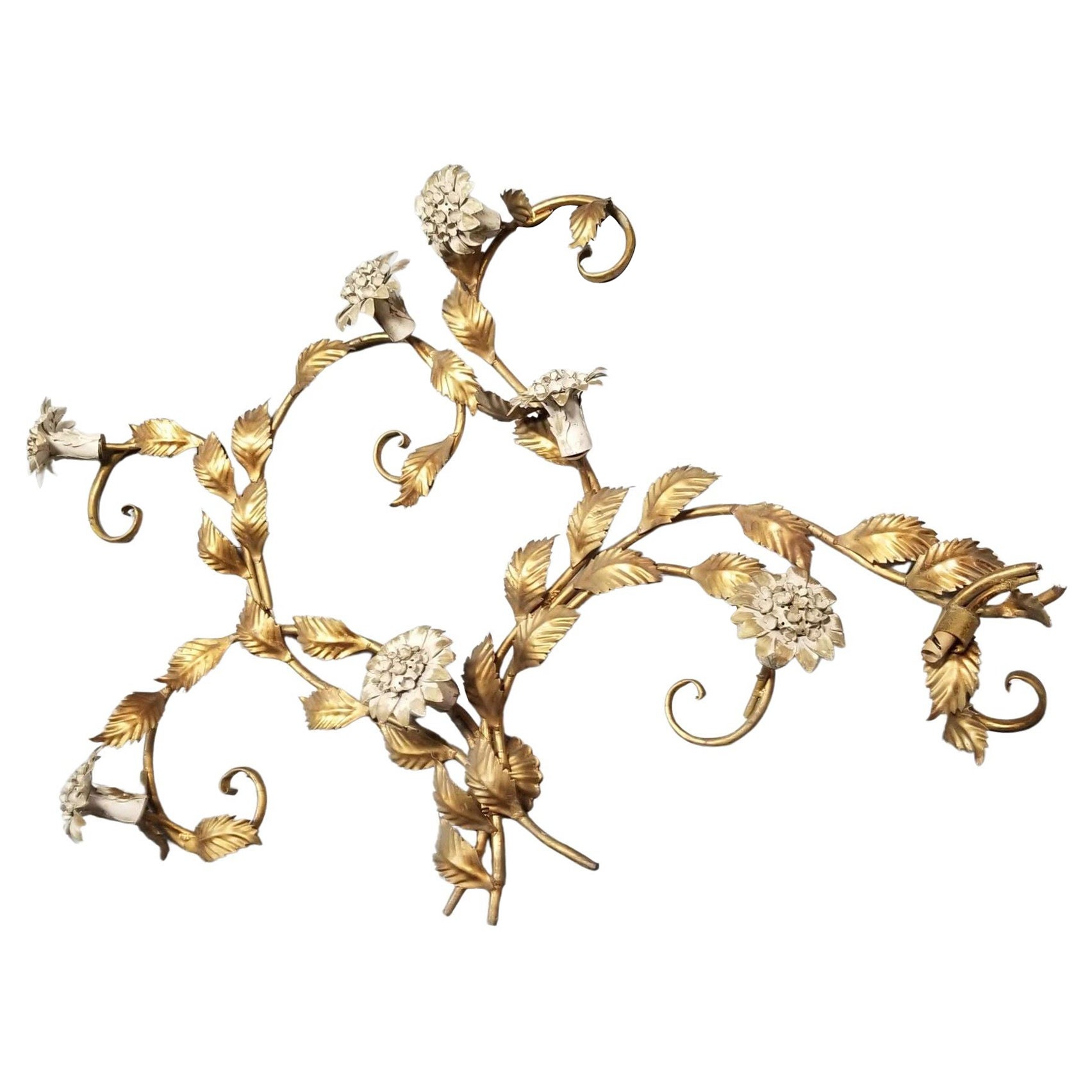 Mid Century Italian Tole Brass Floral Wall Sconce Sculpture For Sale