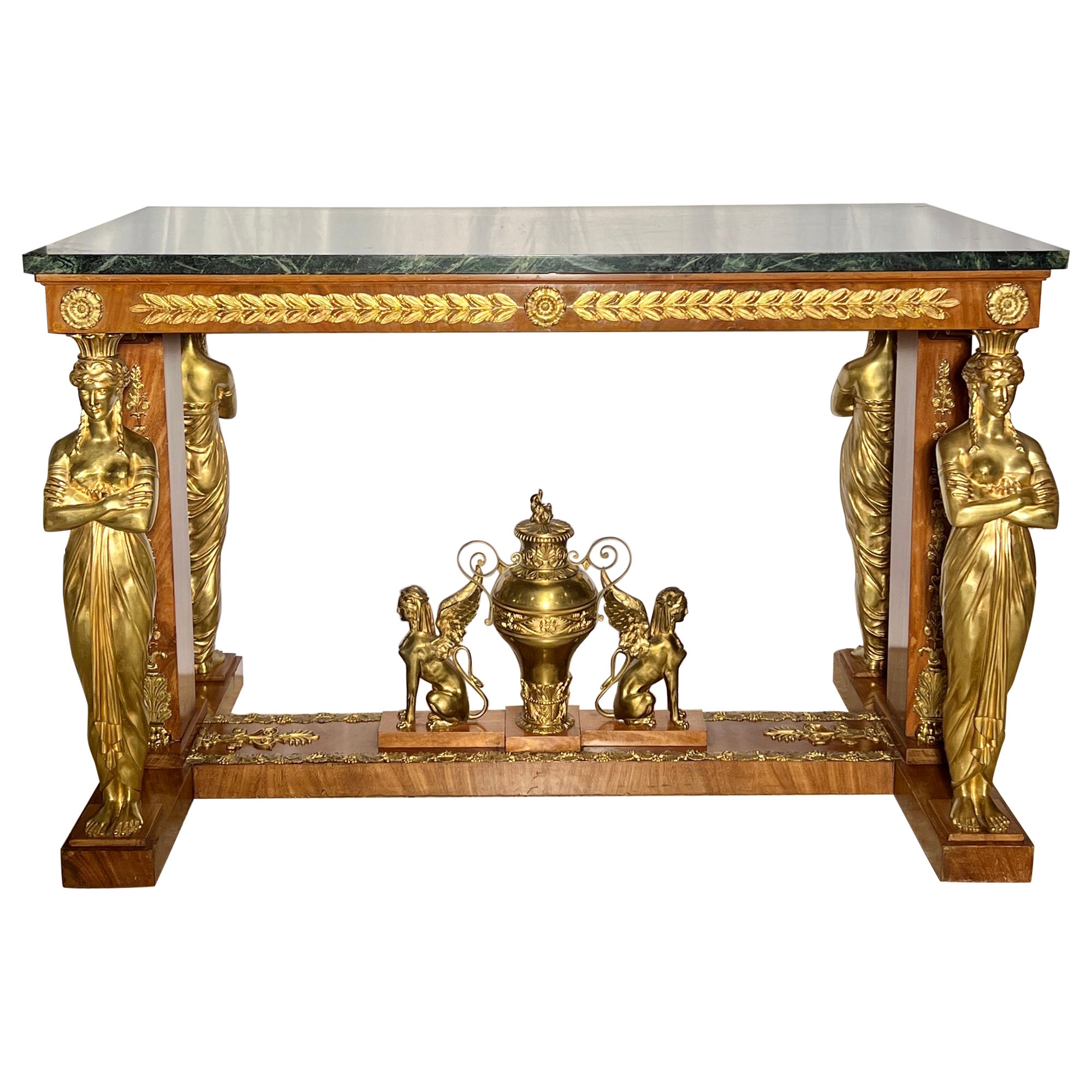 Ancienne table centrale de style Empire français en bronze doré et acajou avec plateau en marbre, vers 1880