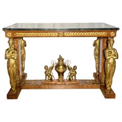 Used French Empire Gilt Bronze & Mahogany Marble Top Center Table, Circa 1880