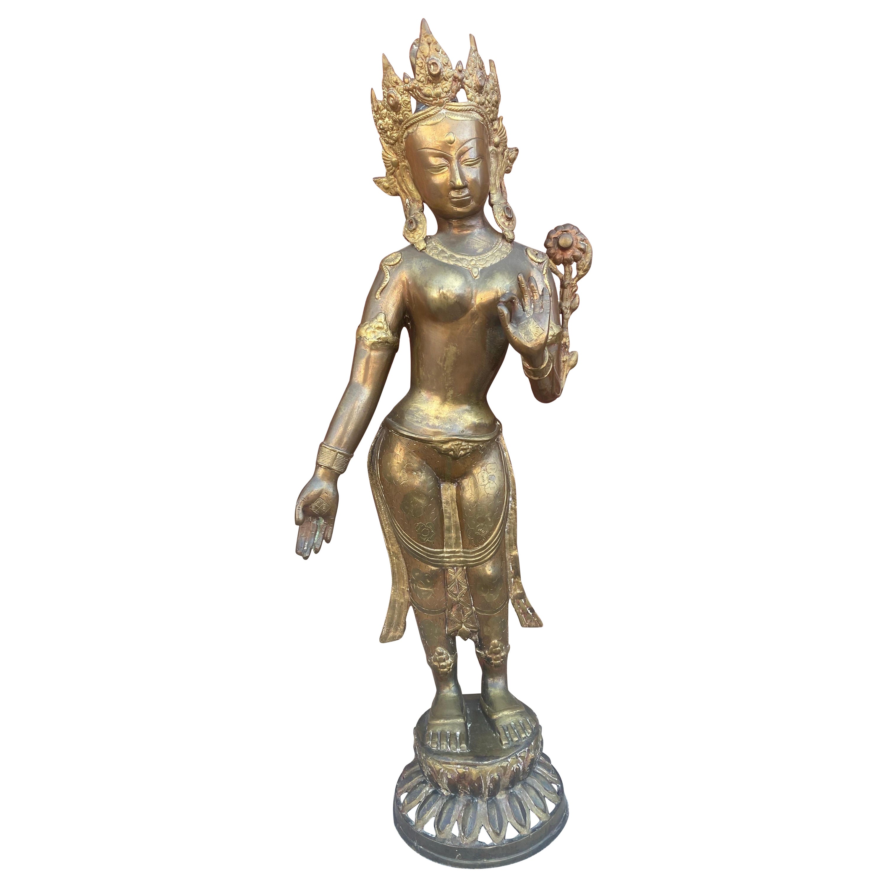 Antique Brass Tibetan Tara Buddhist Goddess Statue For Sale