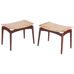 Pair of Scandinavian Teak and Cane Stools