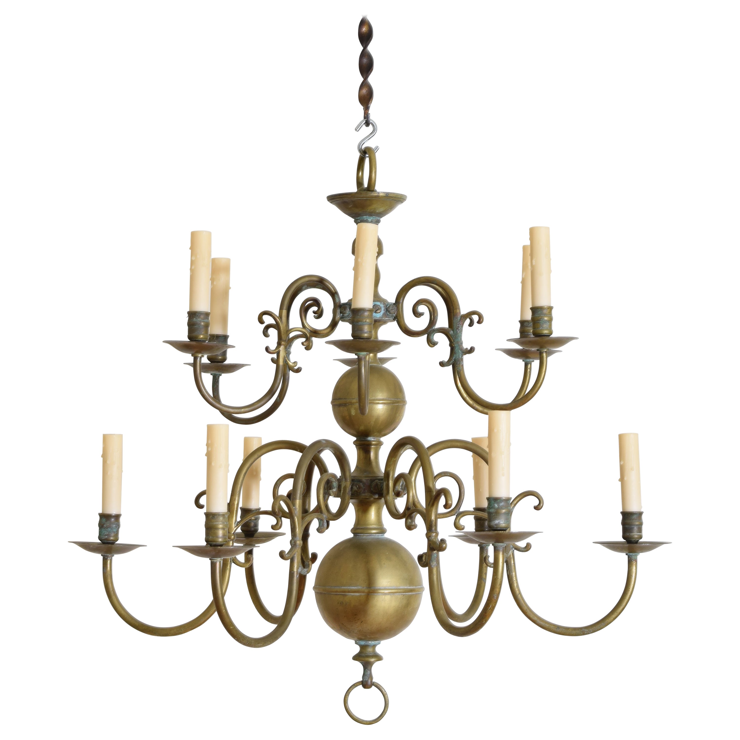 Dutch or French Patinated Brass 2-Tier 12-Light Chandelier, 2nd half 19th cen. For Sale