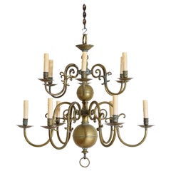 Antique Dutch or French Patinated Brass 2-Tier 12-Light Chandelier, 2nd half 19th cen.