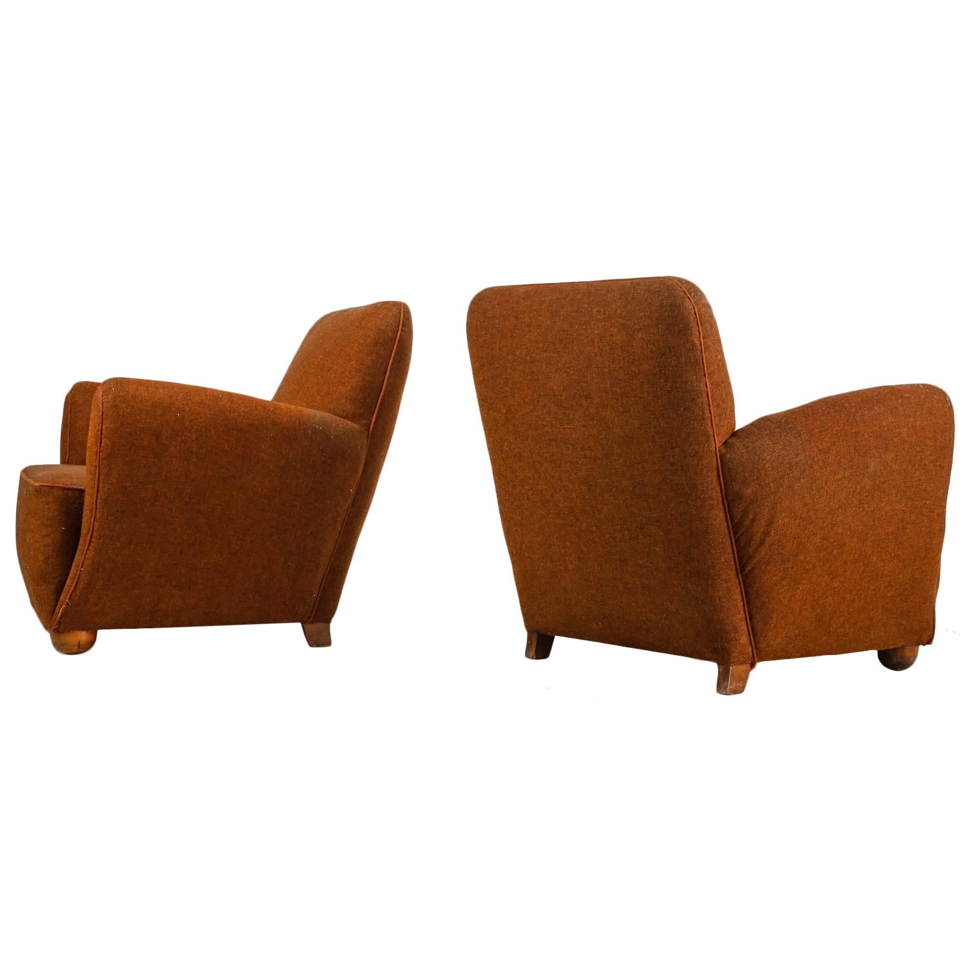 Pair of Danish Lounge Chairs with Brown Upholstery, 1940s For Sale