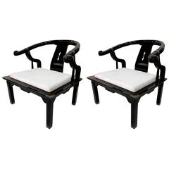 Pair of Hollywood Regency Asian Modern Black Lacquer Horseshoe Lounge Chairs