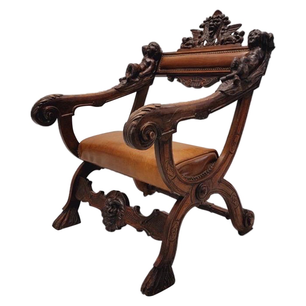 Antique Venetian Baroque Style Hand-Carved Walnut Armchair w/ Leather Upholstery For Sale