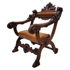 Antique Venetian Baroque Style Hand-Carved Walnut Armchair w/ Leather Upholstery