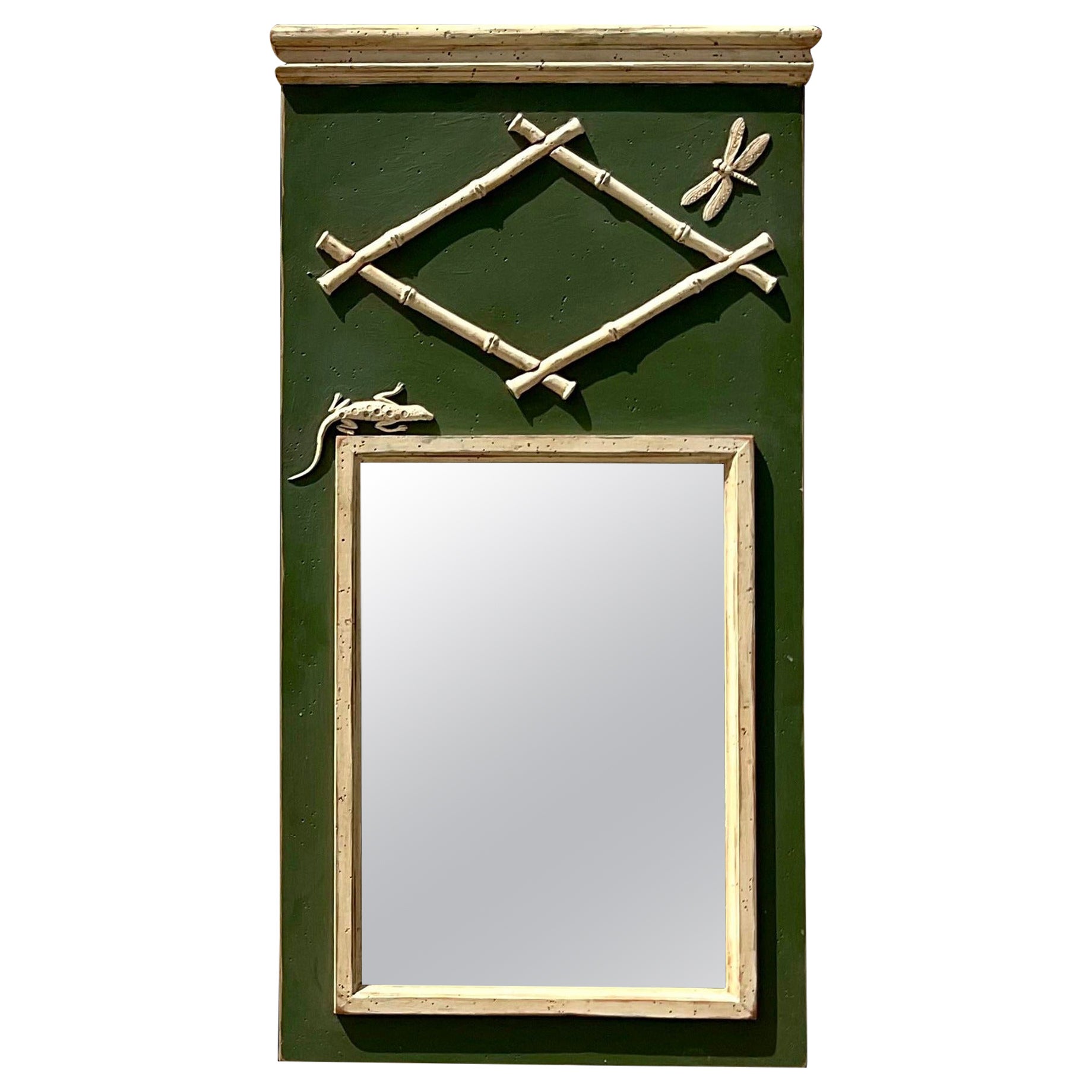 Vintage Coastal Carved Bamboo Trumeau Mirror For Sale