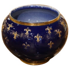Vintage Mid-Century French Painted Porcelain Cache Pot with Fleur-de-Lys from Luneville