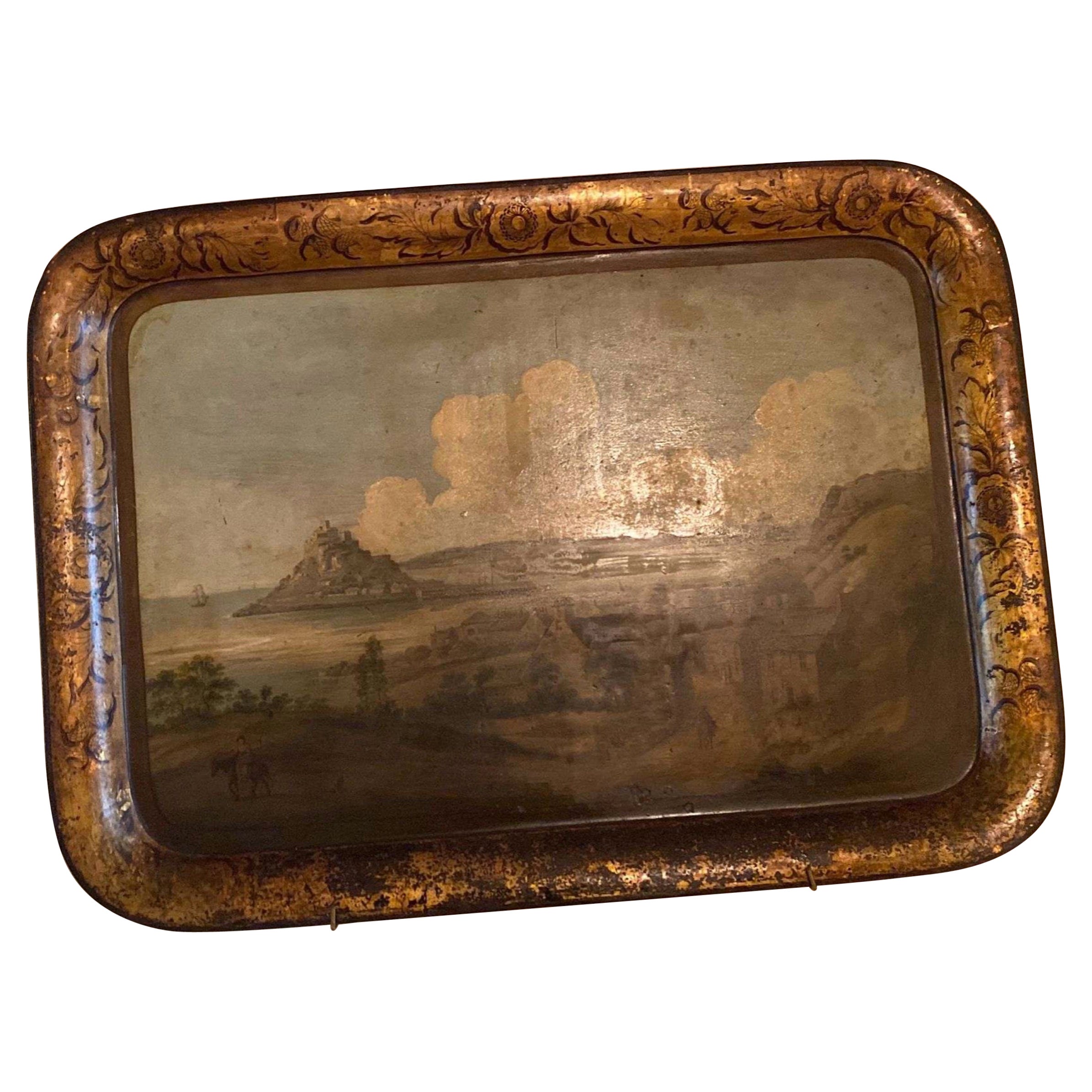 An English Regency painted tole tray with a seaside village. Great scale. For Sale