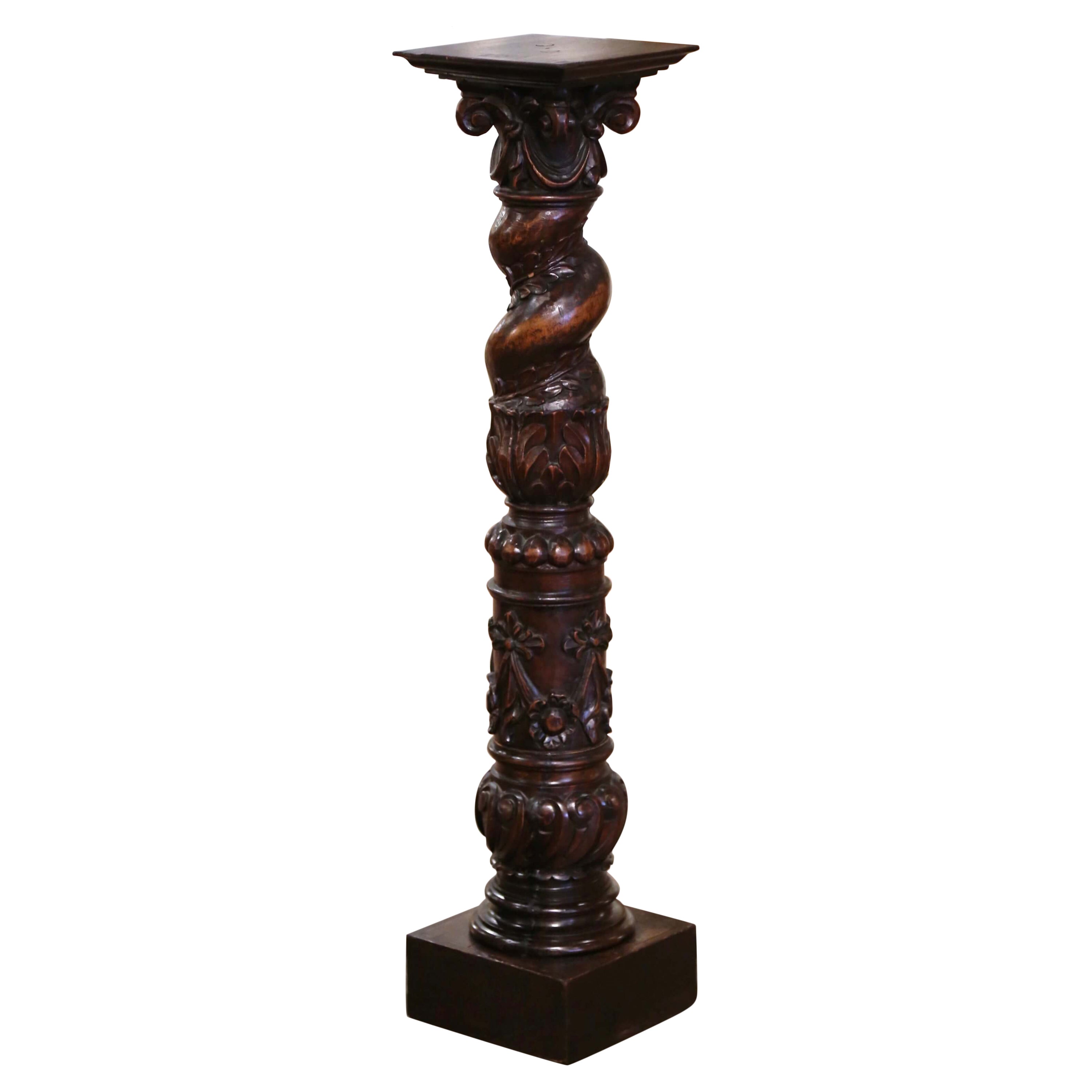 19th Century French Louis XIII Hand Carved Walnut Pedestal Column from Burgundy For Sale