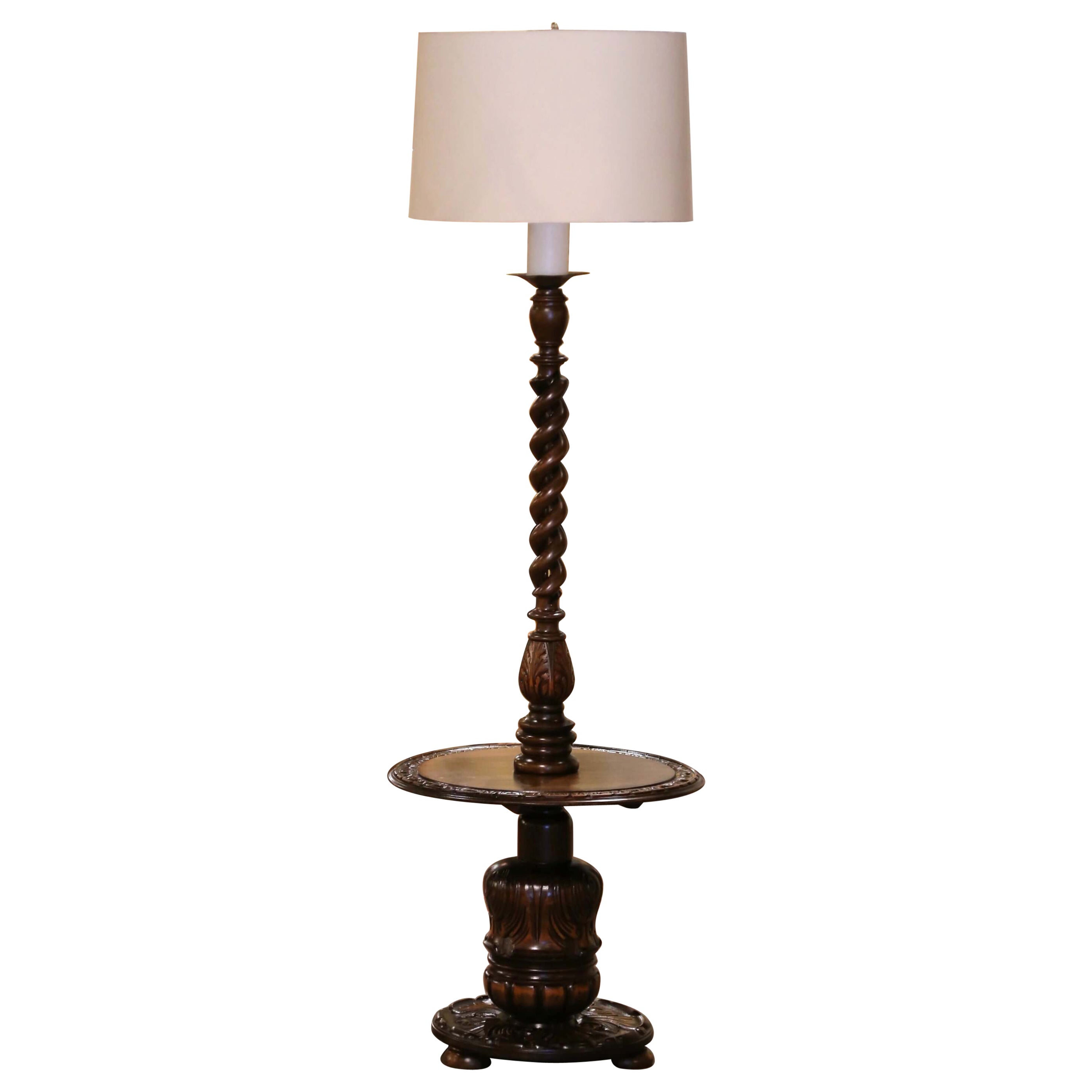 Early 20th Century French Carved Barley Twist Floor Lamp with Attached Table