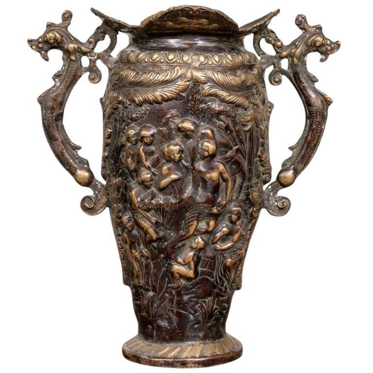 Large and Ornate  Figural Bronze Handled Urn